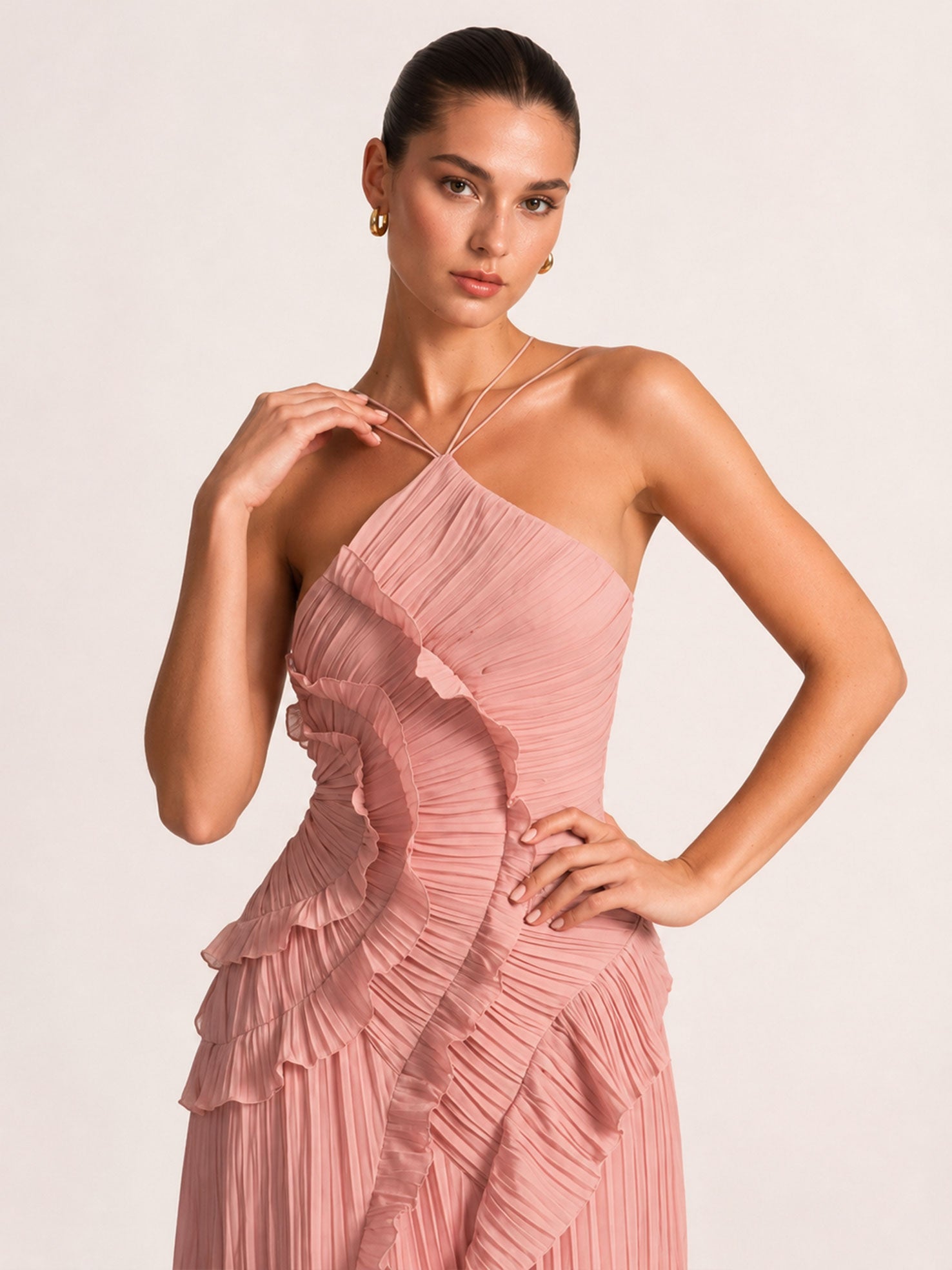 Pleated Halter  Ruffle Details Midi Dress