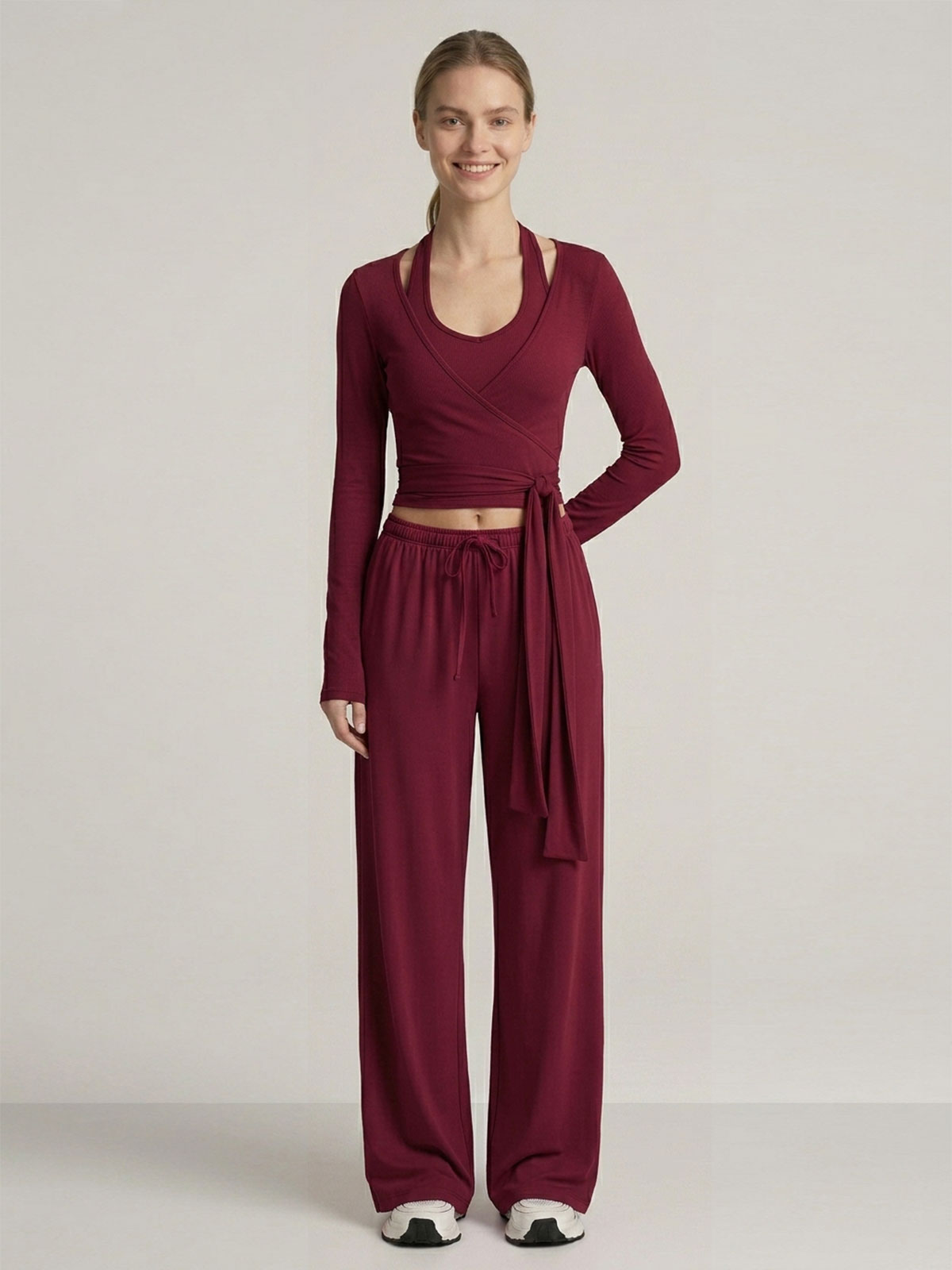 Ballet-Inspired Wrap Top & Wide-Leg Pants Set