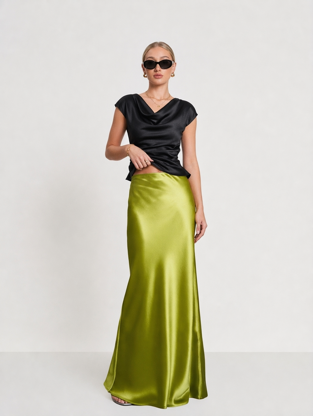 Elegant Acetate Satin Cowl Neck Top + Maxi Skirt Set