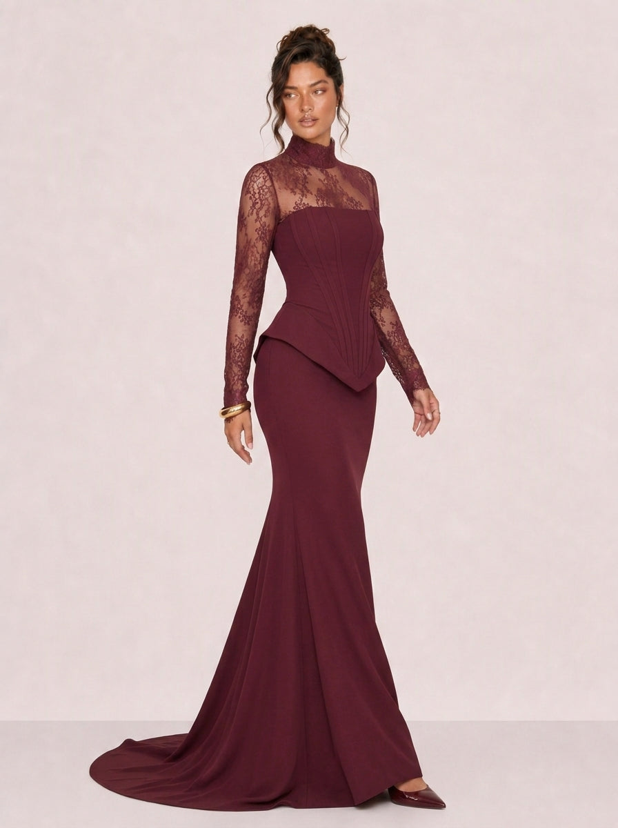 Zephrina Rosalie lace illusion maxi dress in burgundy