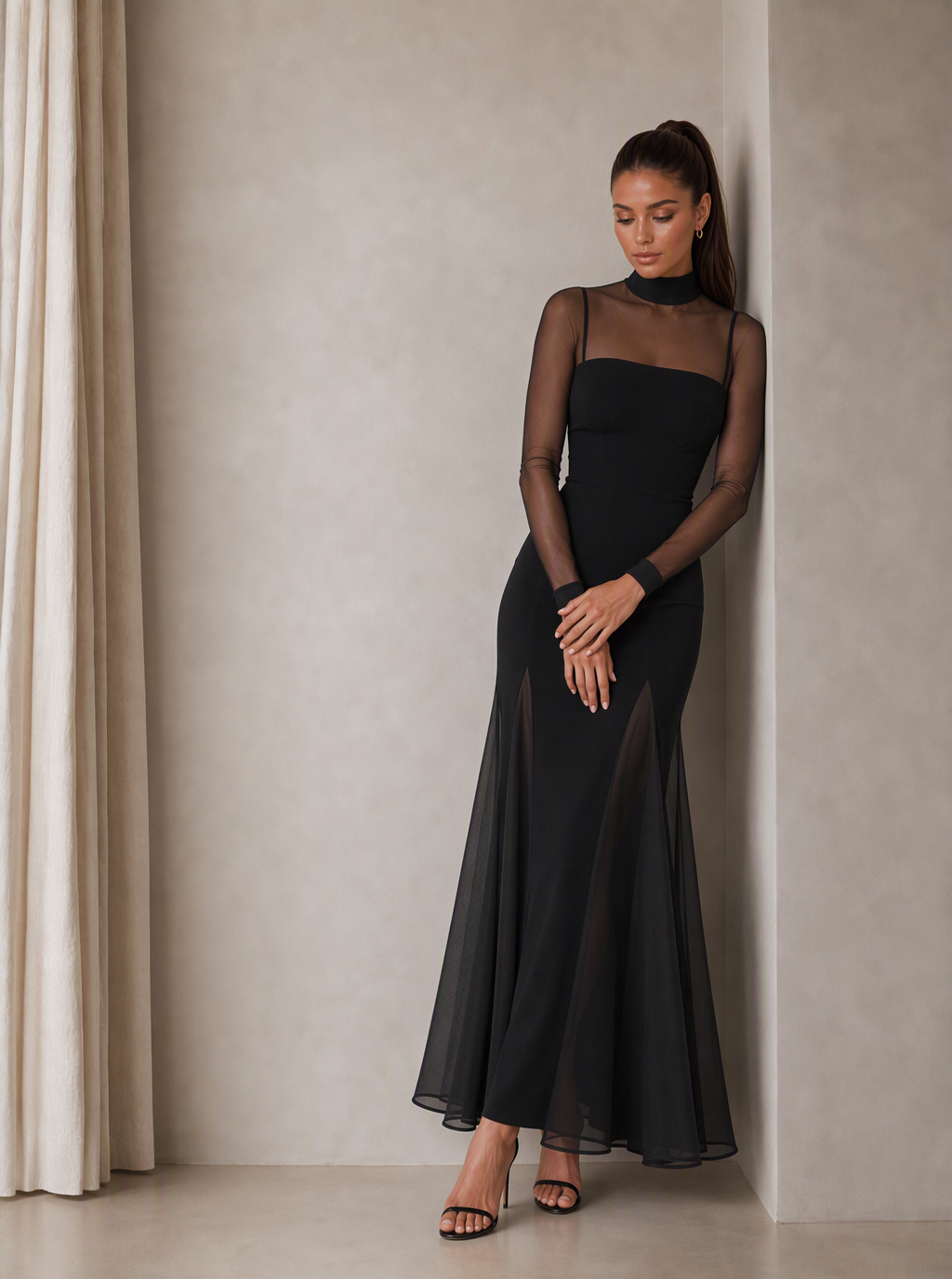 Zephrina Amarante velvet lace-sleeve wrap maxi dress in black