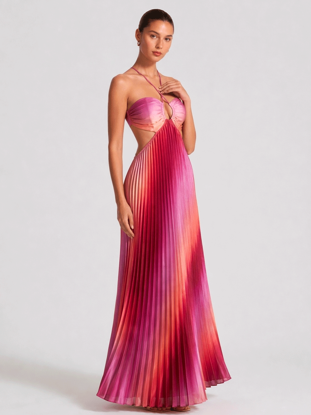 Rose-pink Ombre Satin Pleated Maxi Dress