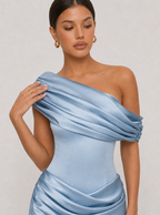 Zephrina Vaila draped one-shoulder mini dress in blue