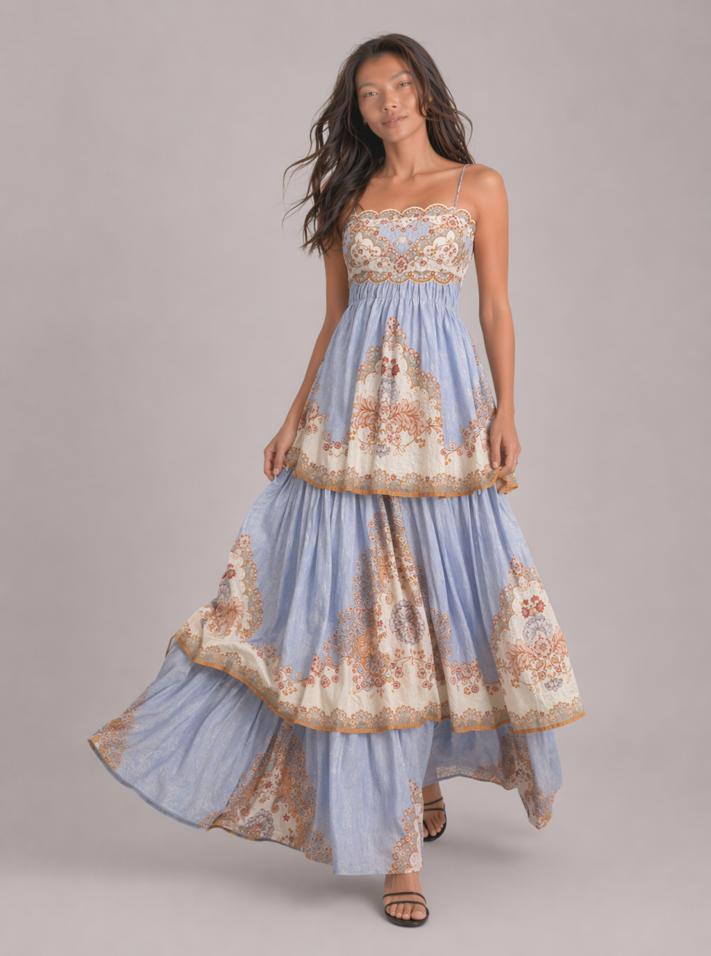 Zephrina Romilly tiered border-print maxi dress in blue