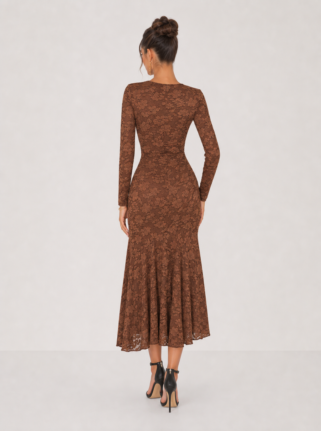 Zephrina Serilda lace jacquard midi dress in brown