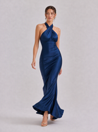 Zephrina Amandine cross-halter satin maxi dress in navy