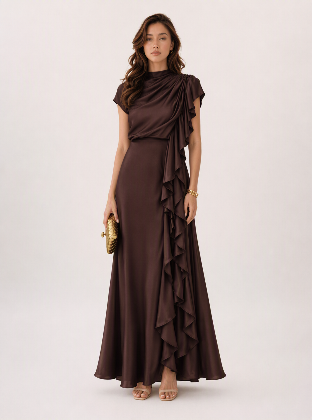 Zephrina Helene ruffle satin maxi dress