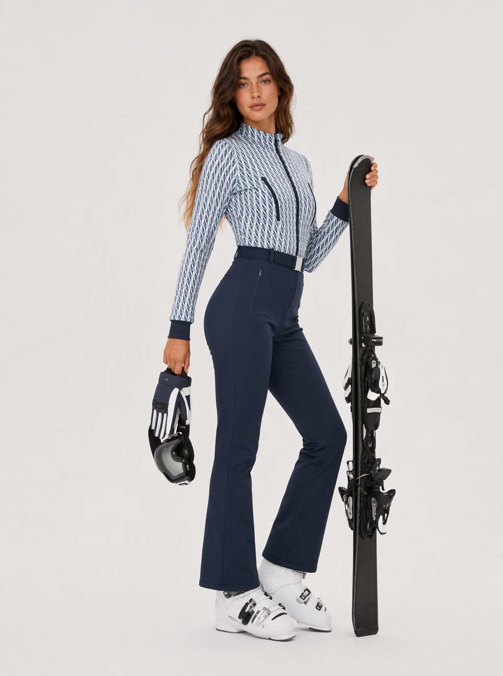 Zephrina Valeska graphic-panel belted one-piece ski suit with navy flared legs
