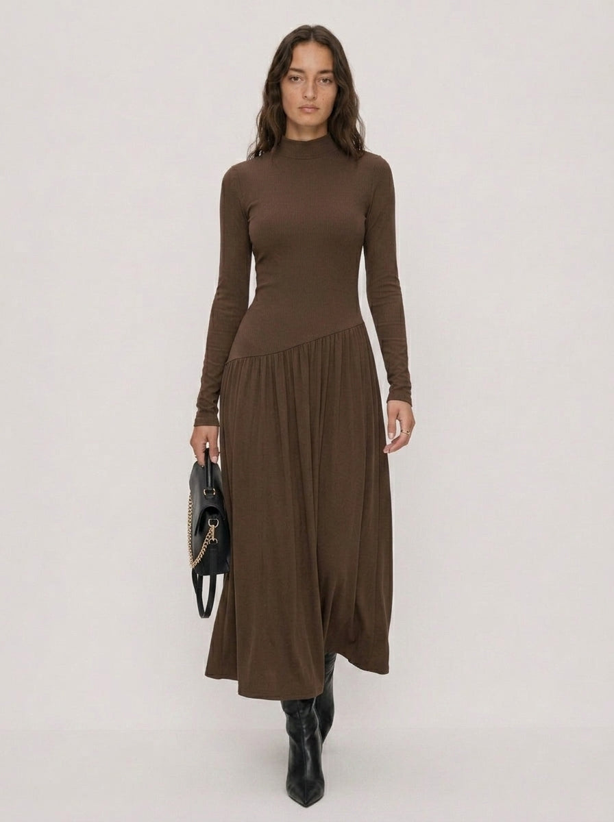 Zephrina Lucienne pleated knit midi dress in coffee