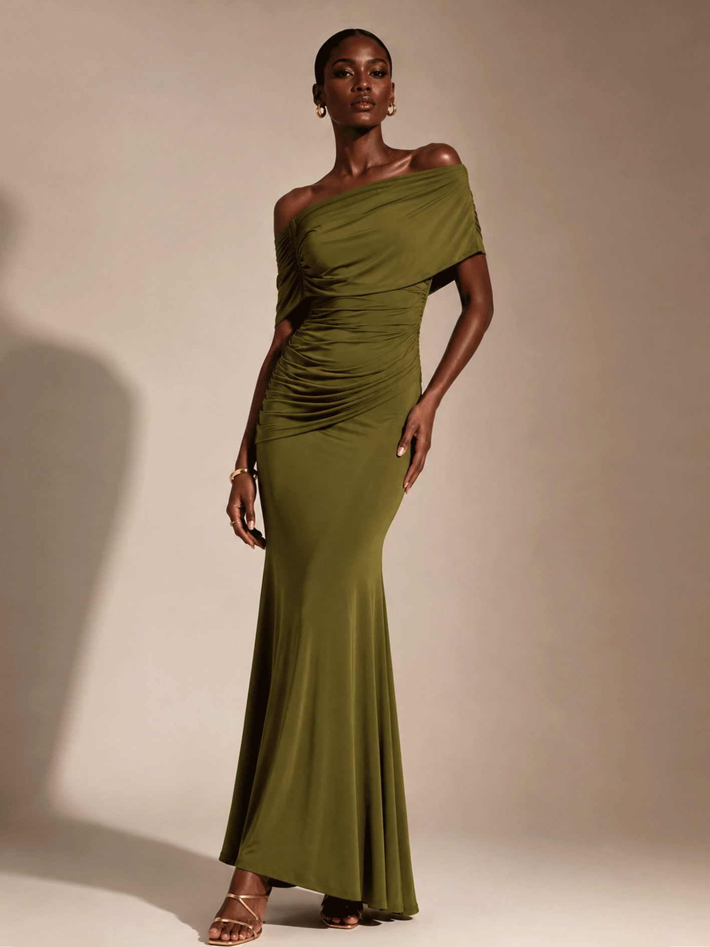 Off-Shoulder Ruched Mermaid Maxi Dress