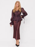 Zephrina Mavis bow sleeve satin set in brown