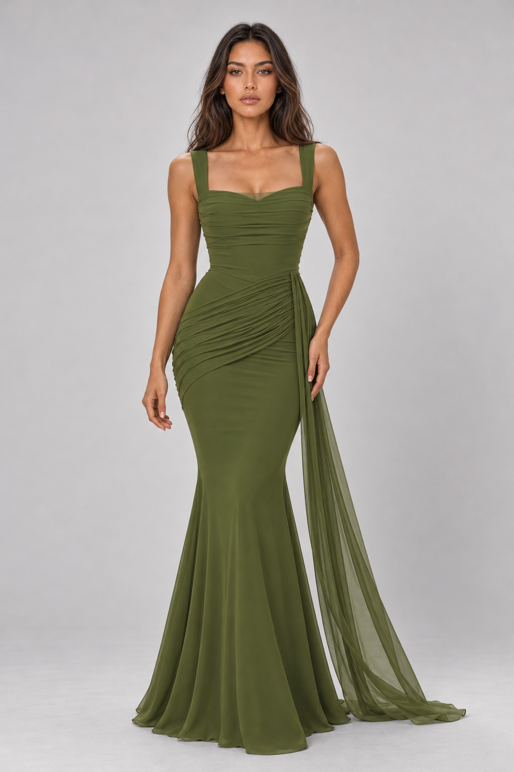Zephrina Maureen ruched mesh-drape maxi dress in green