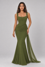 Zephrina Maureen ruched mesh-drape maxi dress in green