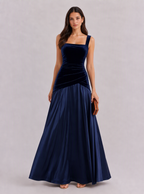 Zephrina Felicie square-neck velvet-bodice satin maxi dress in navy