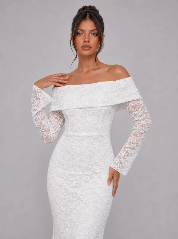 Zephrina Emmeline off-shoulder lace maxi dress in white