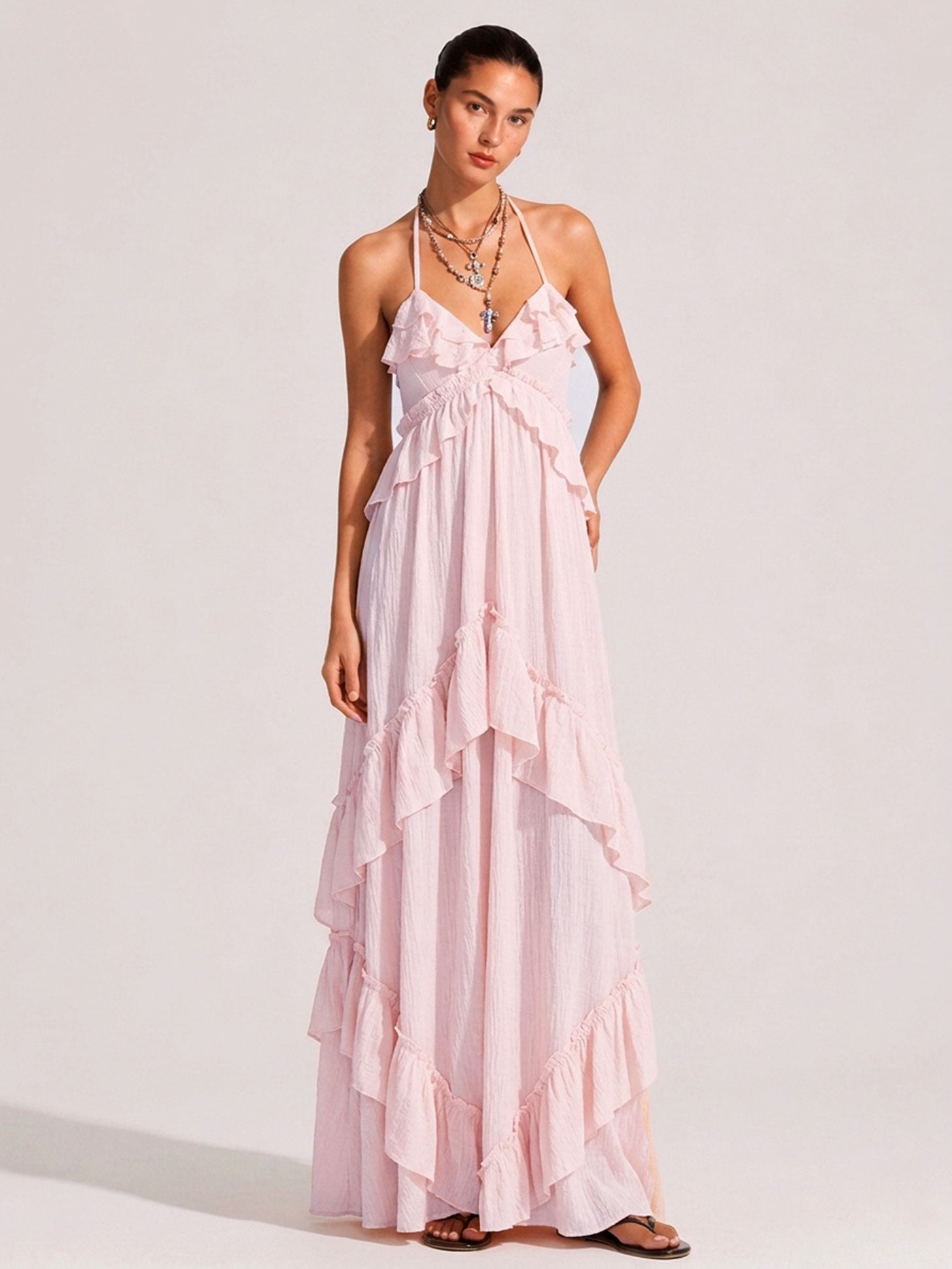 Zephrina Ruffle Halter Backless Maxi Dress