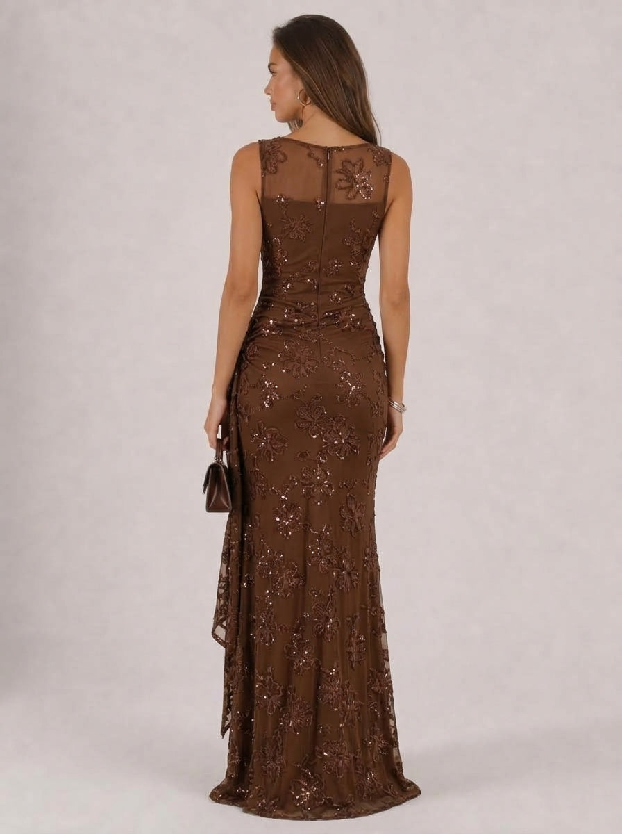 Zephrina Mireya beaded mesh maxi dress in brown