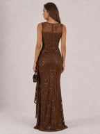 Zephrina Mireya beaded mesh maxi dress in brown