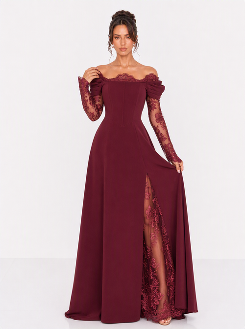 Zephrina Gisella lace sleeve slit maxi dress in burgundy