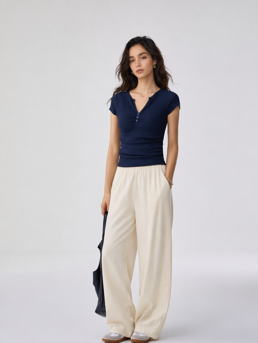 Ruched V Neck Button Short Sleeve T Shirt