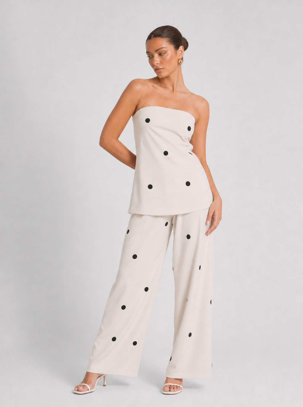 Zephrina Polka Dot Strapless Two-Piece Wide Leg Co-Ord Set