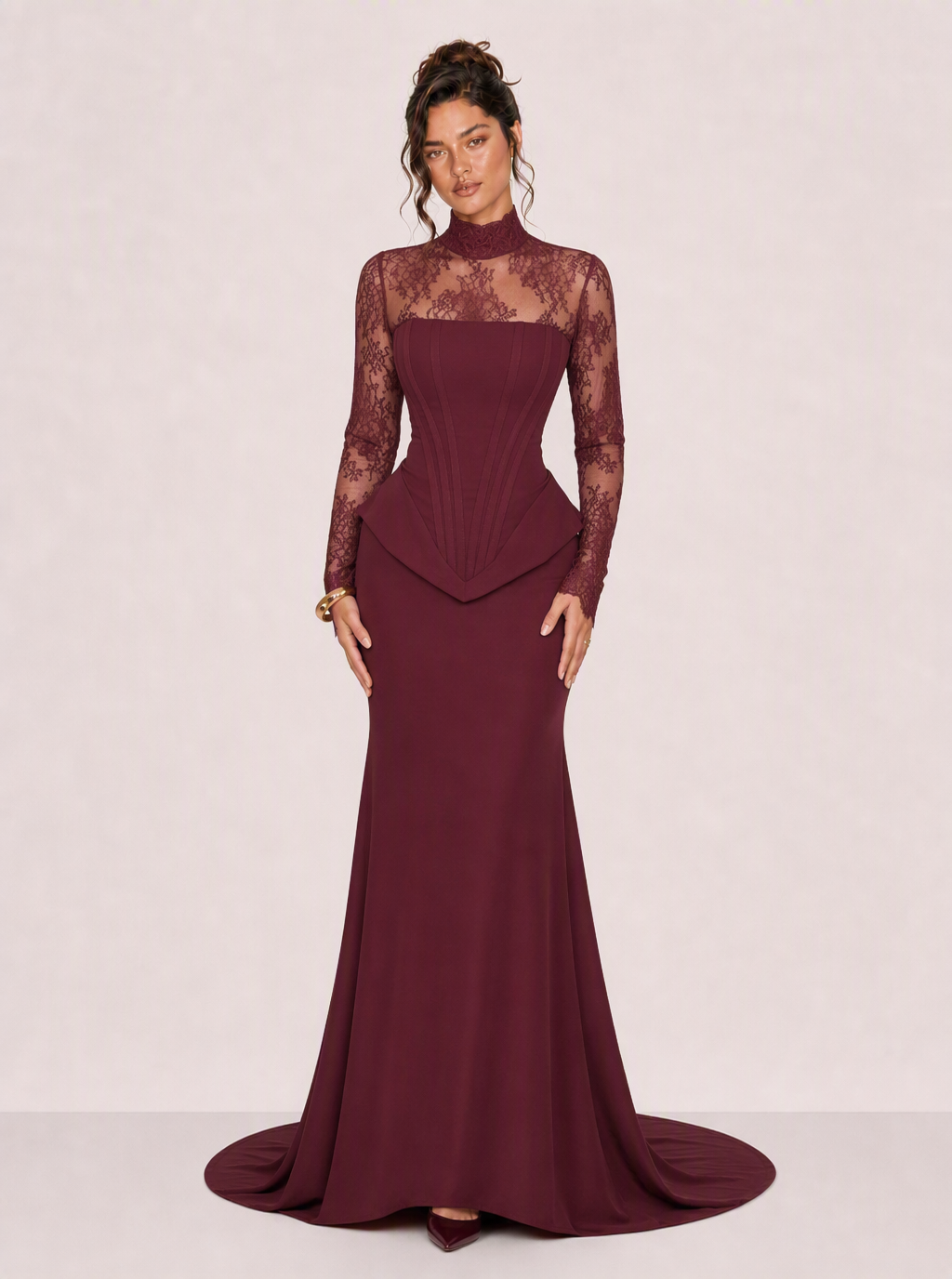 Zephrina Rosalie lace illusion maxi dress in burgundy