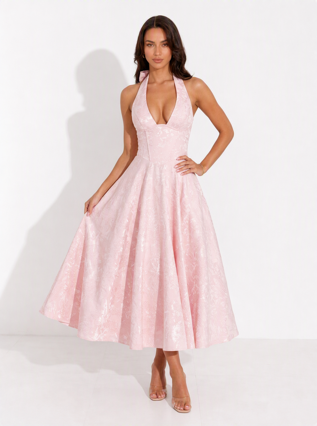 Zephrina Eliska jacquard halter midi dress in pink