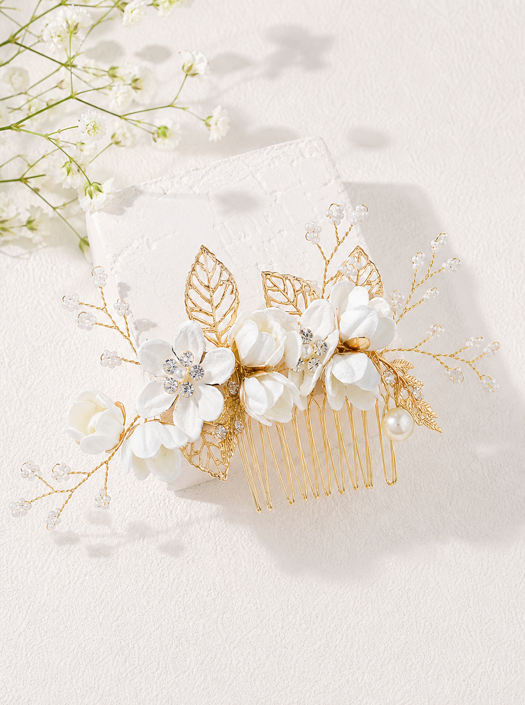 Zephrina floral pearl hair jewelry set with gold-tone leaves