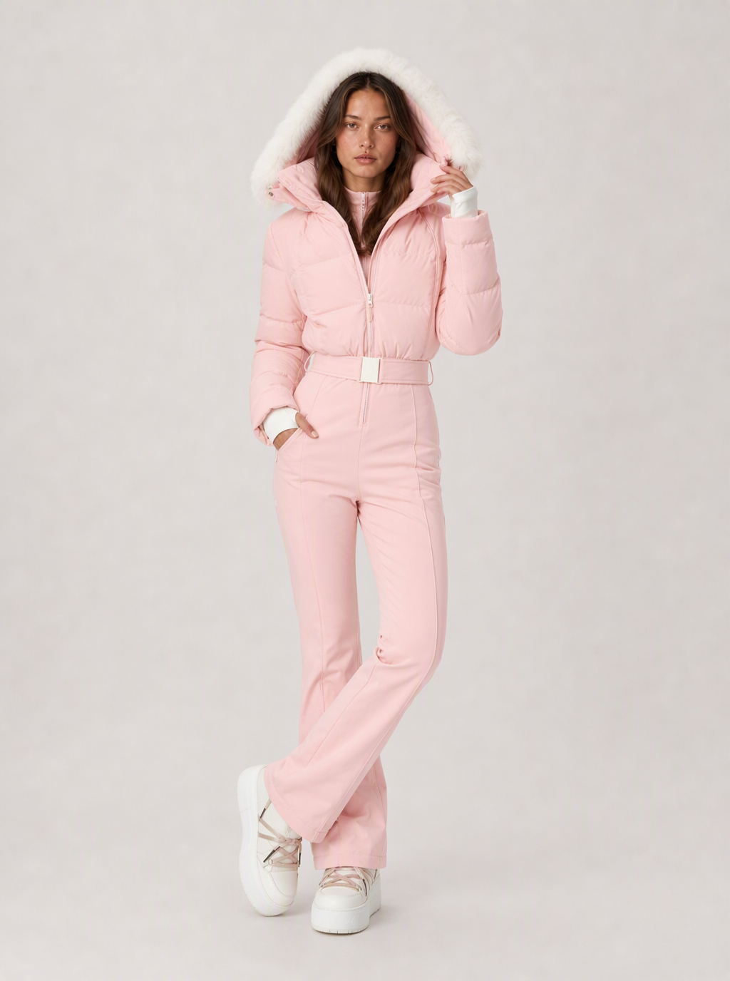 Zephrina Dagny hooded quilted one-piece ski suit in burgundy