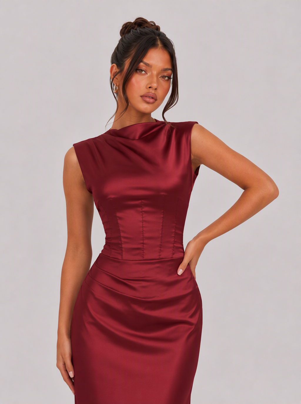 Zephrina Apolline high-neck satin maxi dress in burgundy