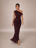 Zephrina Hannelore asymmetric ruched maxi dress in burgundy