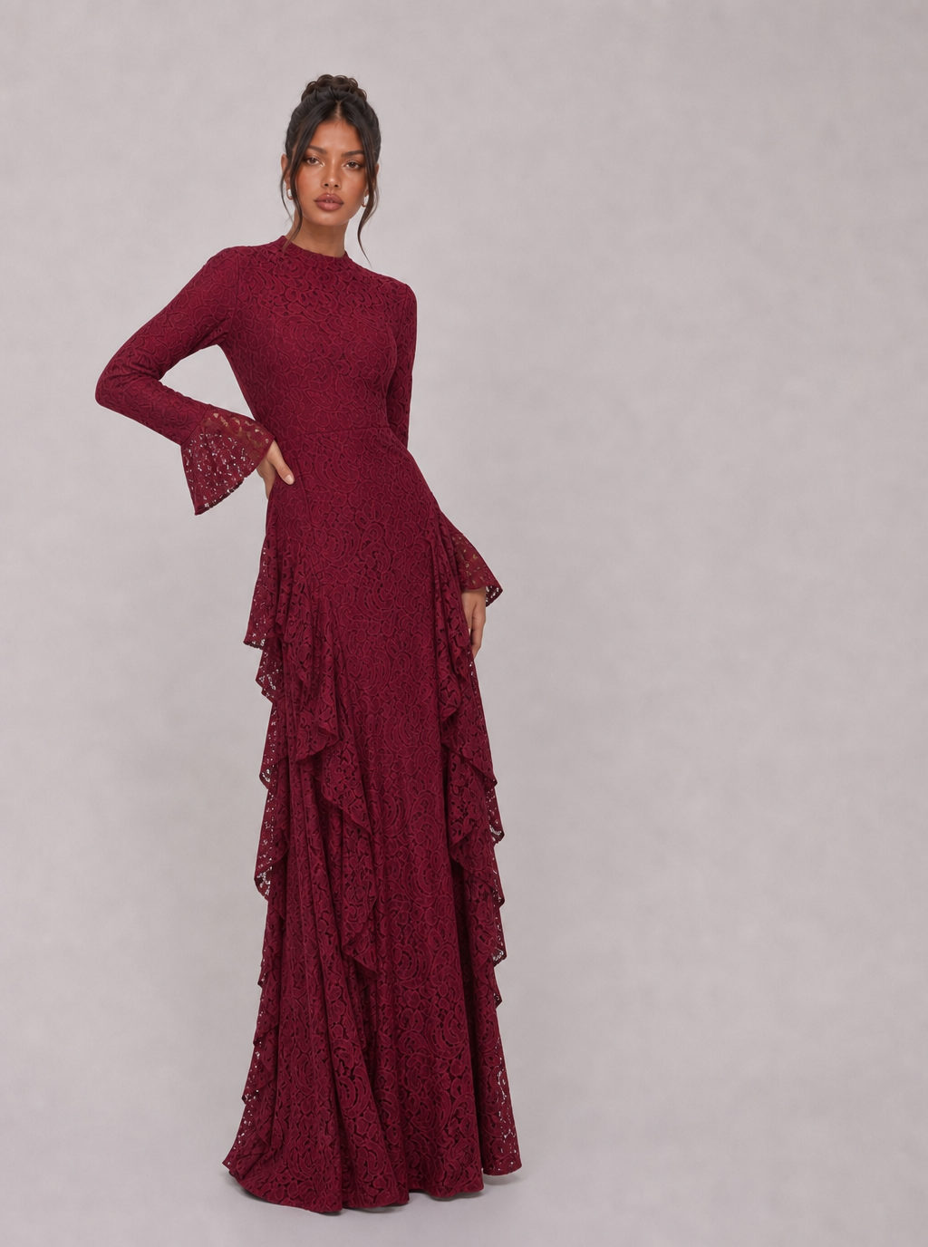 Zephrina Isolenne ruffle knit maxi dress in burgundy