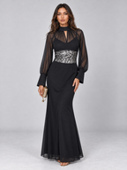 Zephrina Euphrasie sequin-waist mesh-sleeve maxi dress in black