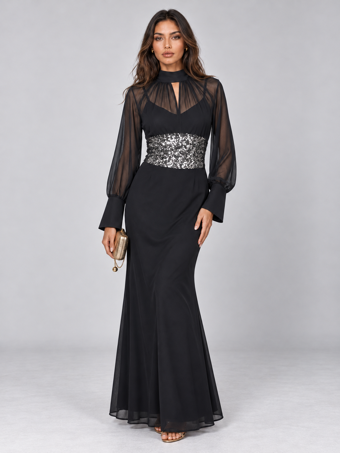 Zephrina Euphrasie sequin-waist mesh-sleeve maxi dress in black