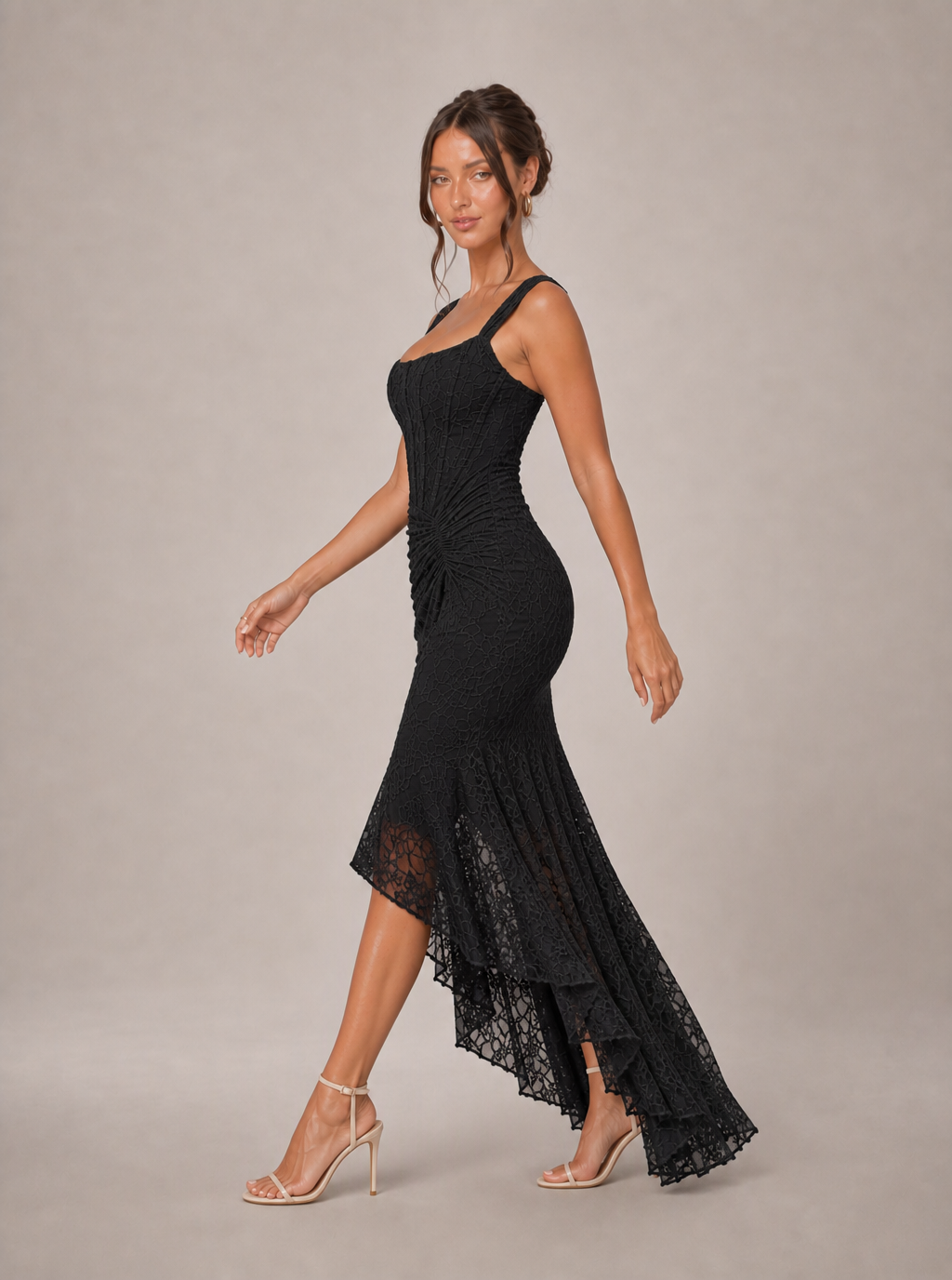 Zephrina Isabeau jacquard high-low maxi dress in black
