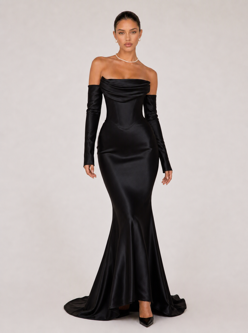 Zephrina Brinelle off-shoulder satin maxi dress