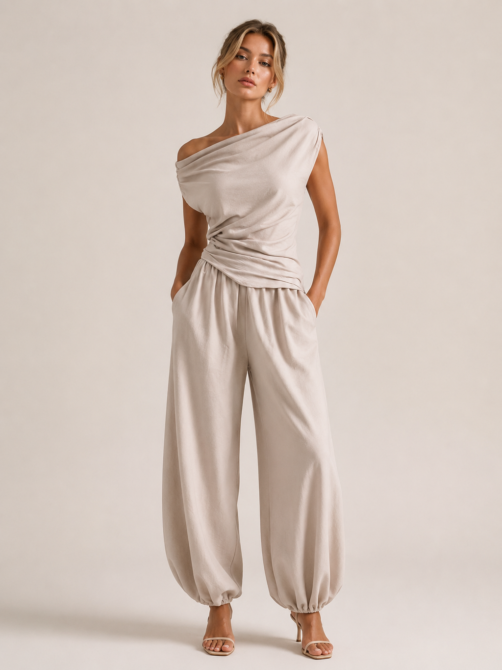Off-the-shoulder Ruffled Top & Elasticated Jogger Pants Set