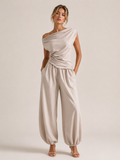 Off-the-shoulder Ruffled Top & Elasticated Jogger Pants Set