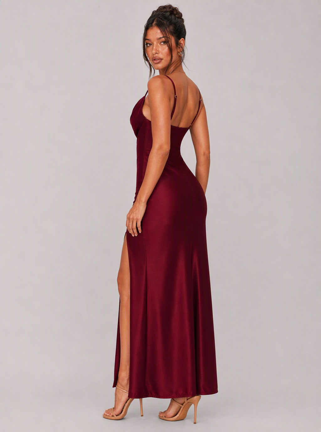 Zephrina Evelina draped satin maxi dress in burgundy