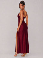 Zephrina Evelina draped satin maxi dress in burgundy
