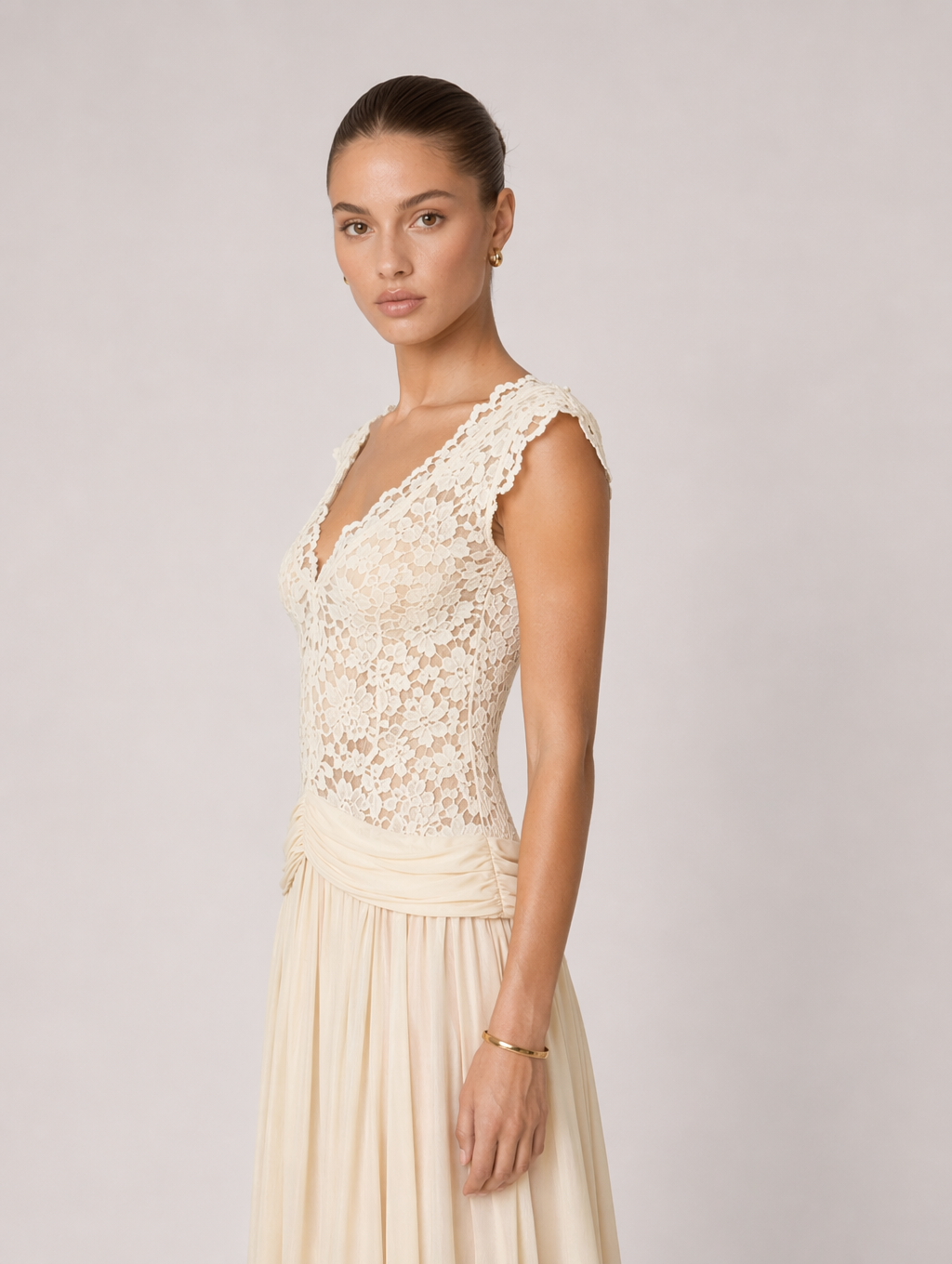 Apricot Floral Lace V-neck Maxi Dress