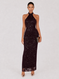 Zephrina Odeline halter sequin maxi dress in reddish brown