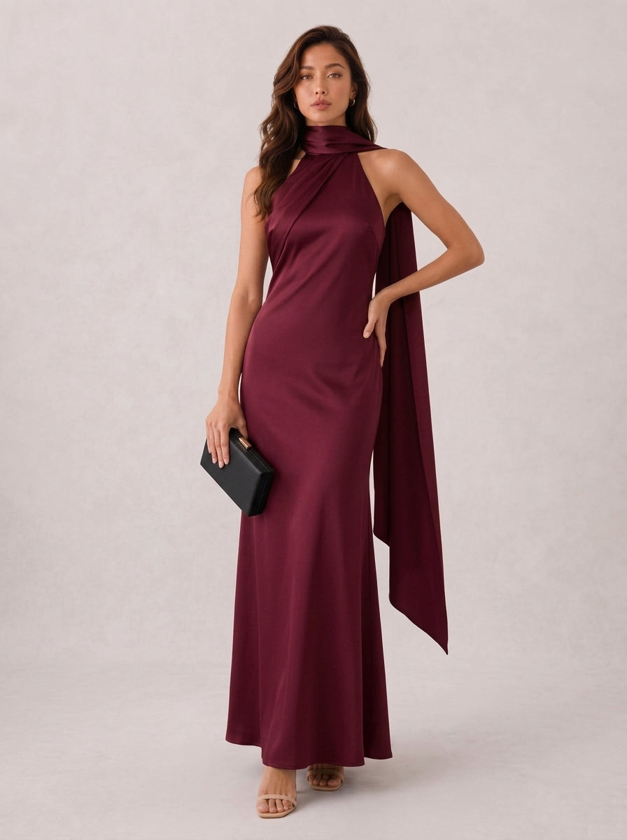 Zephrina Quirina scarf satin maxi dress in burgundy