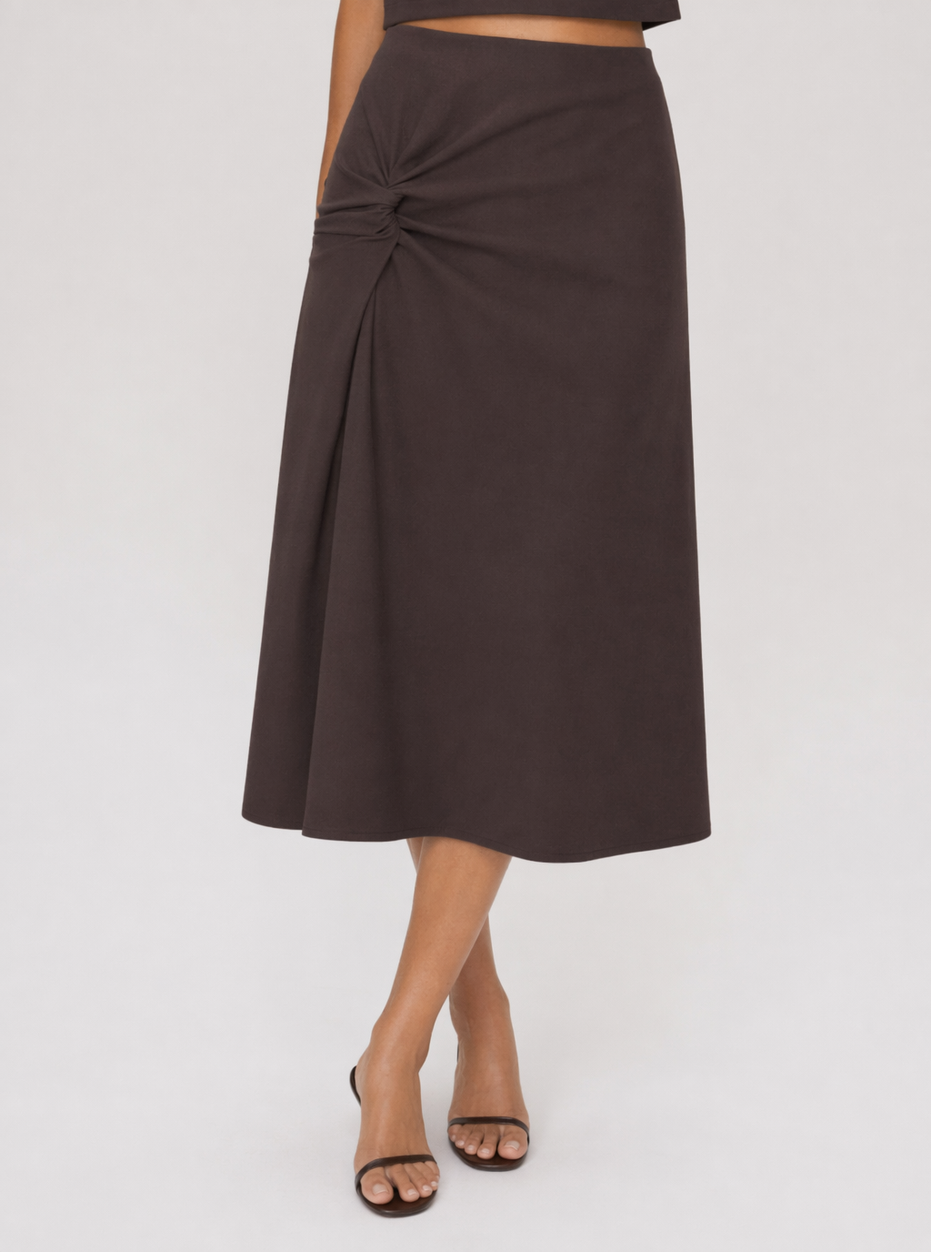 Zephrina Maeve side knot midi skirt in brown