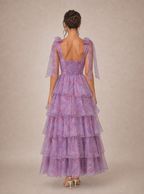 Zephrina Araminta bow-shoulder tiered maxi dress in light purple