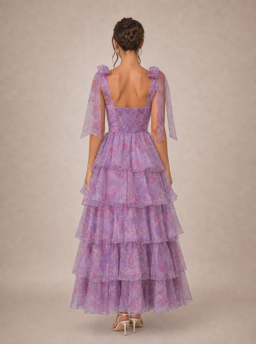 Zephrina Araminta bow-shoulder tiered maxi dress in light purple