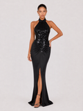 Zephrina Rosalinde sequin-halter slit maxi dress in black