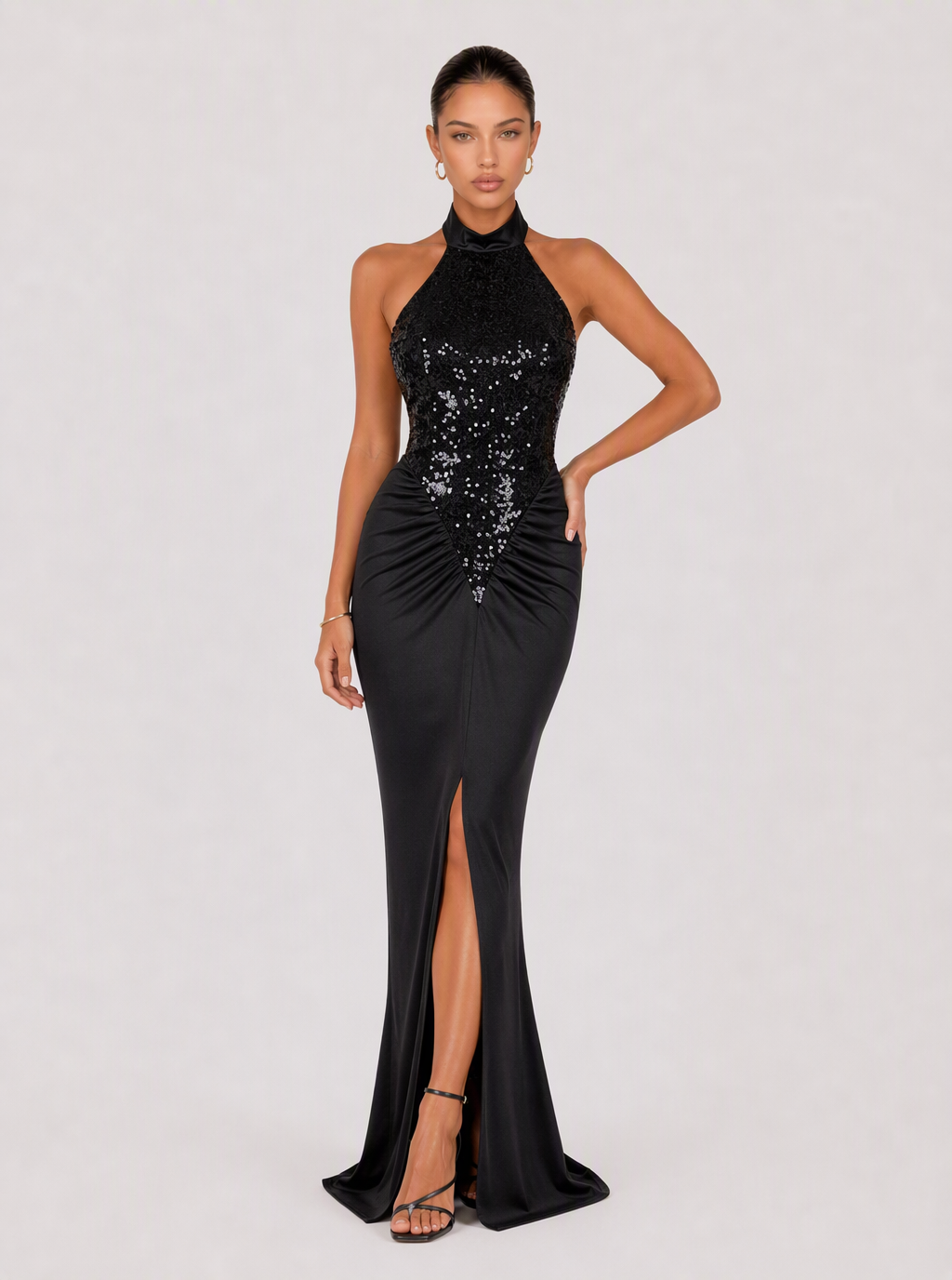 Zephrina Rosalinde sequin-halter slit maxi dress in black