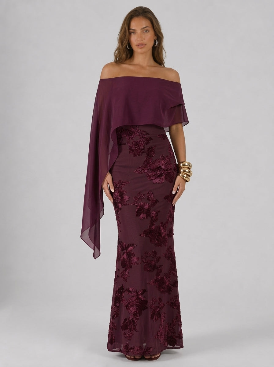 Zephrina Elara embroidered cape maxi dress in brick red
