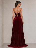 Zephrina Jessamyn sheer-corset velvet maxi dress in burgundy